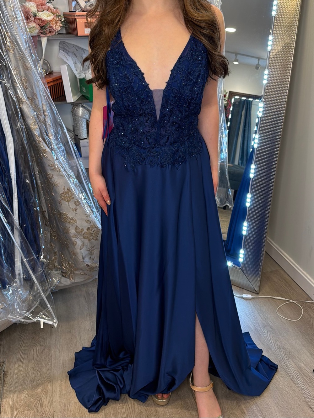 Clarisse Navy Beaded V-Neck Prom Gown